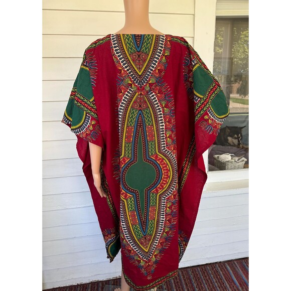 Red Print Dashiki Kaftan Dress Maxi Long Vintage One Size XL XXL - Picture 6 of 7